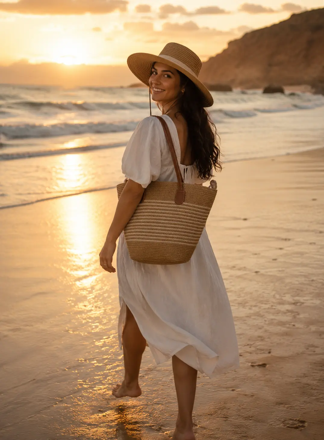 Sac en paille porté au coucher du soleil sur la plage