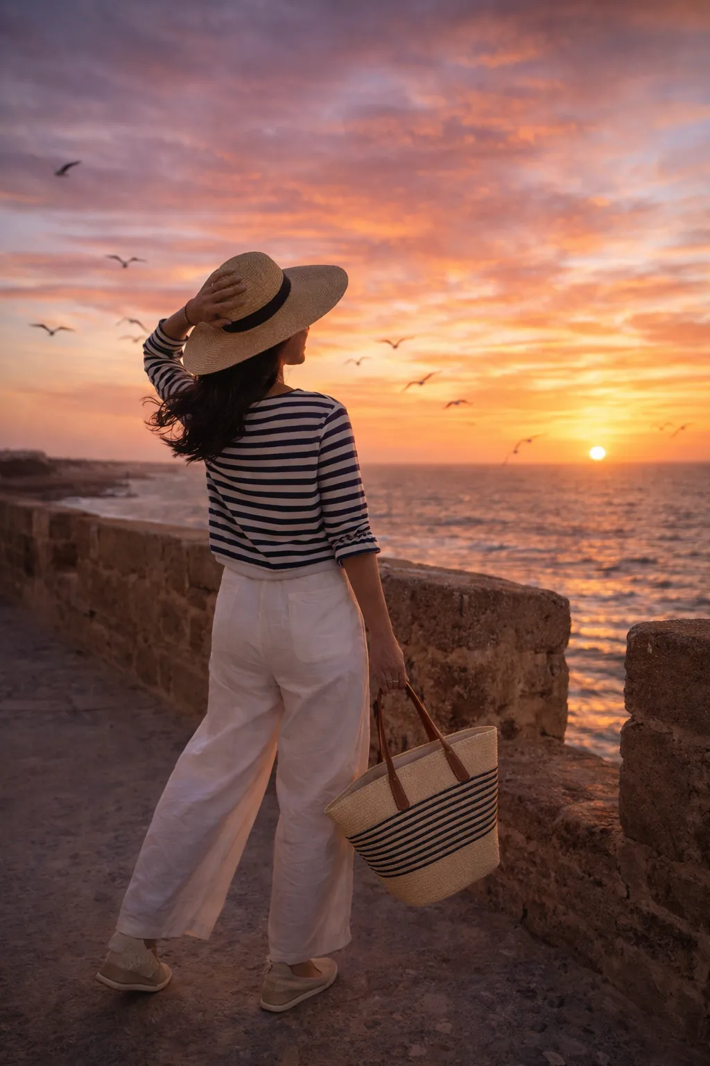 Femme élégante face à l'océan à Essaouira avec sac en paille