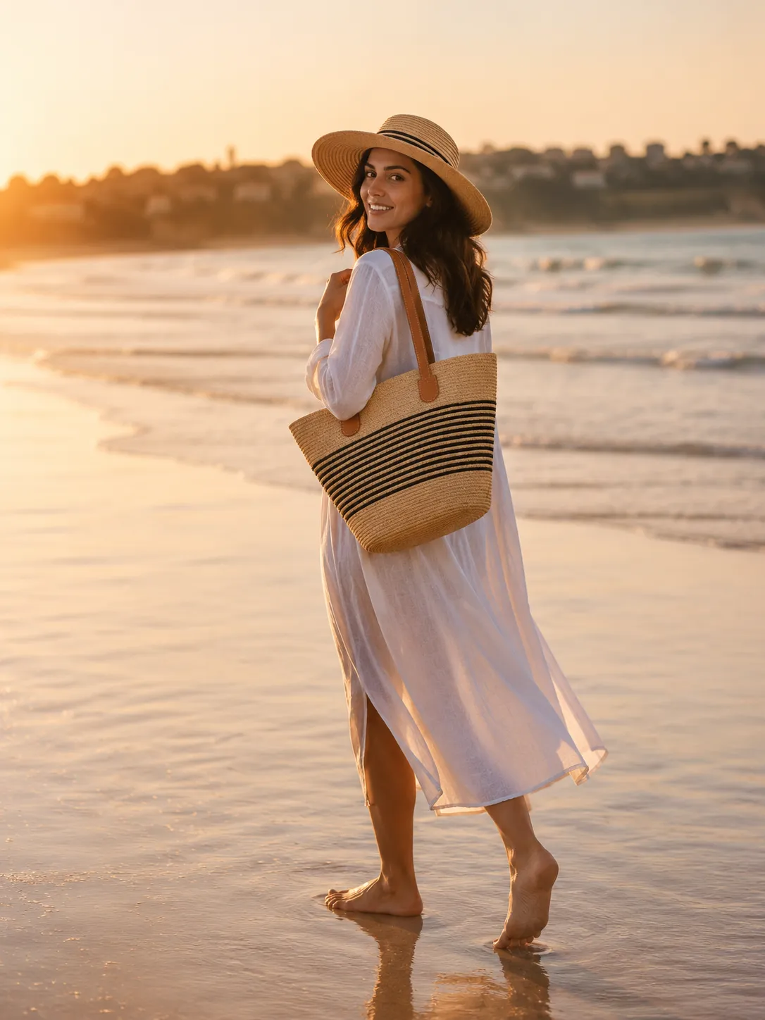 Femme en bord de mer avec sac et chapeau en paille Sable & Noir